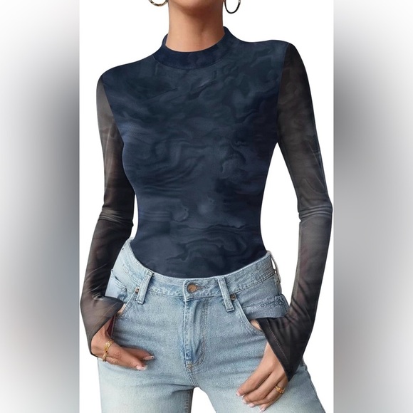 None Tops - 🆕Elegant Floral Mesh Sleeve Top